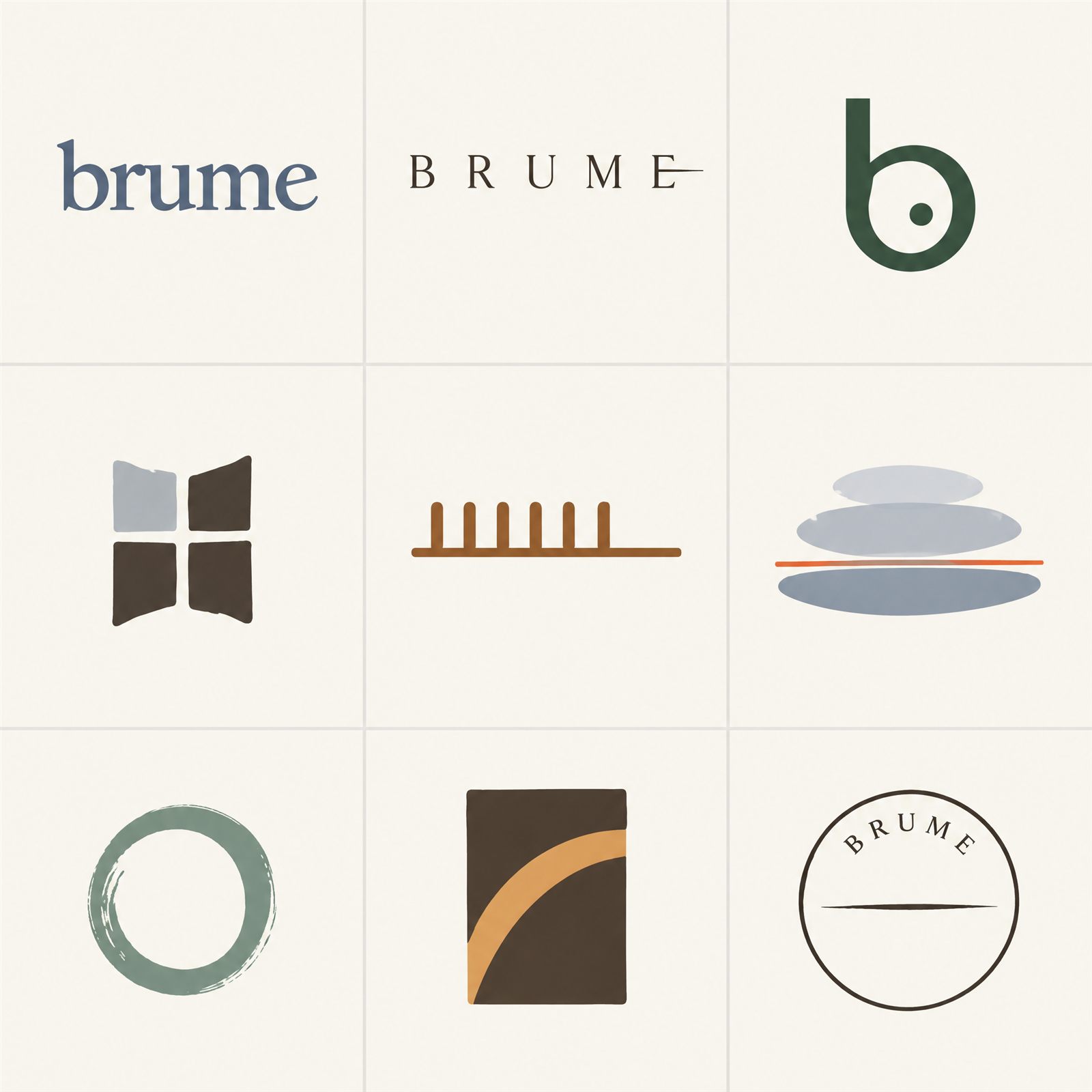 Brume の九つの初稿。ワードマーク二つ、b、窓、六つの席、霧の帯、カップの縁、拭いた窓、印。