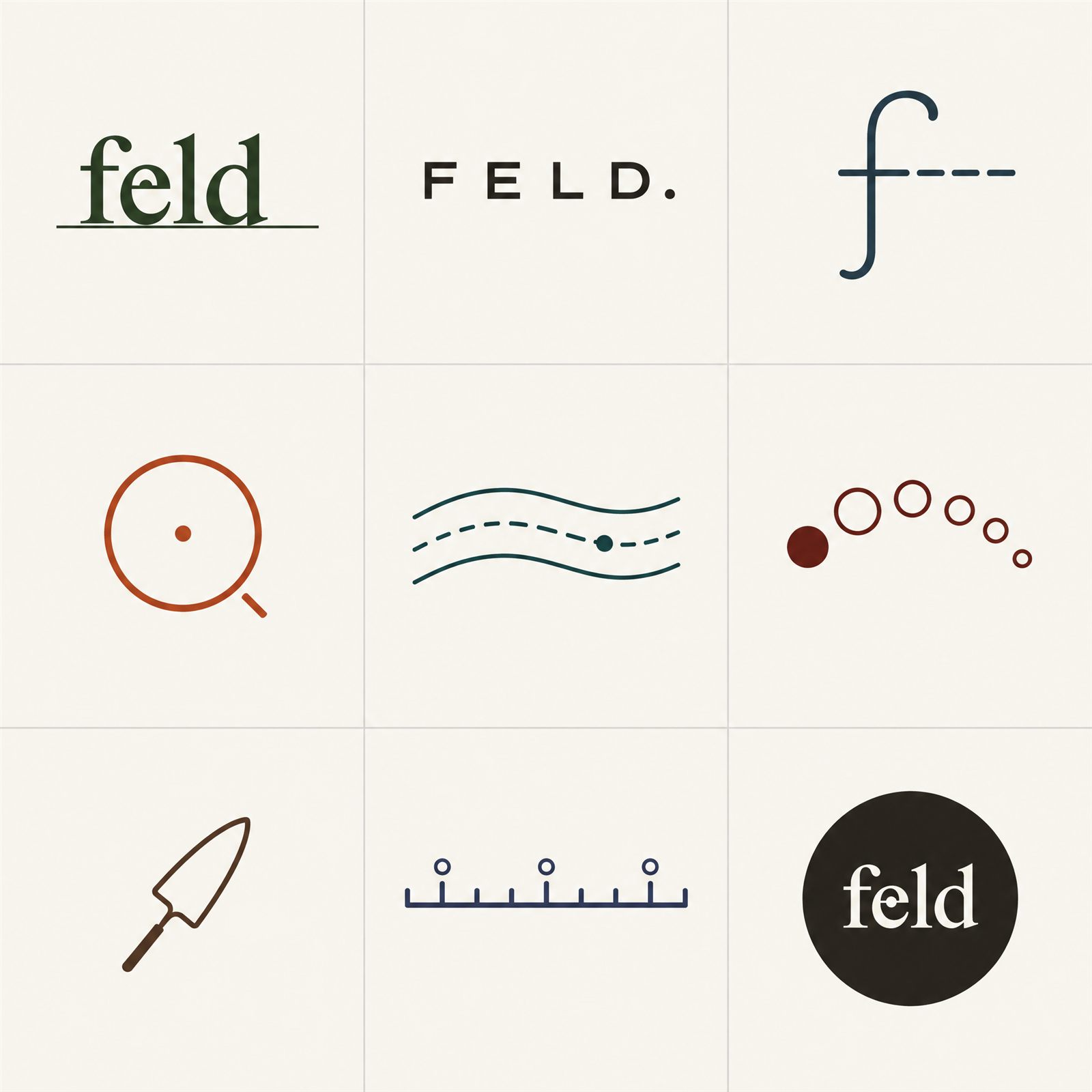 Feld 의 아홉 미니멀 로고. 워드마크, 심은 줄, 고랑, 측량점, 스케일, 어두운 인장.