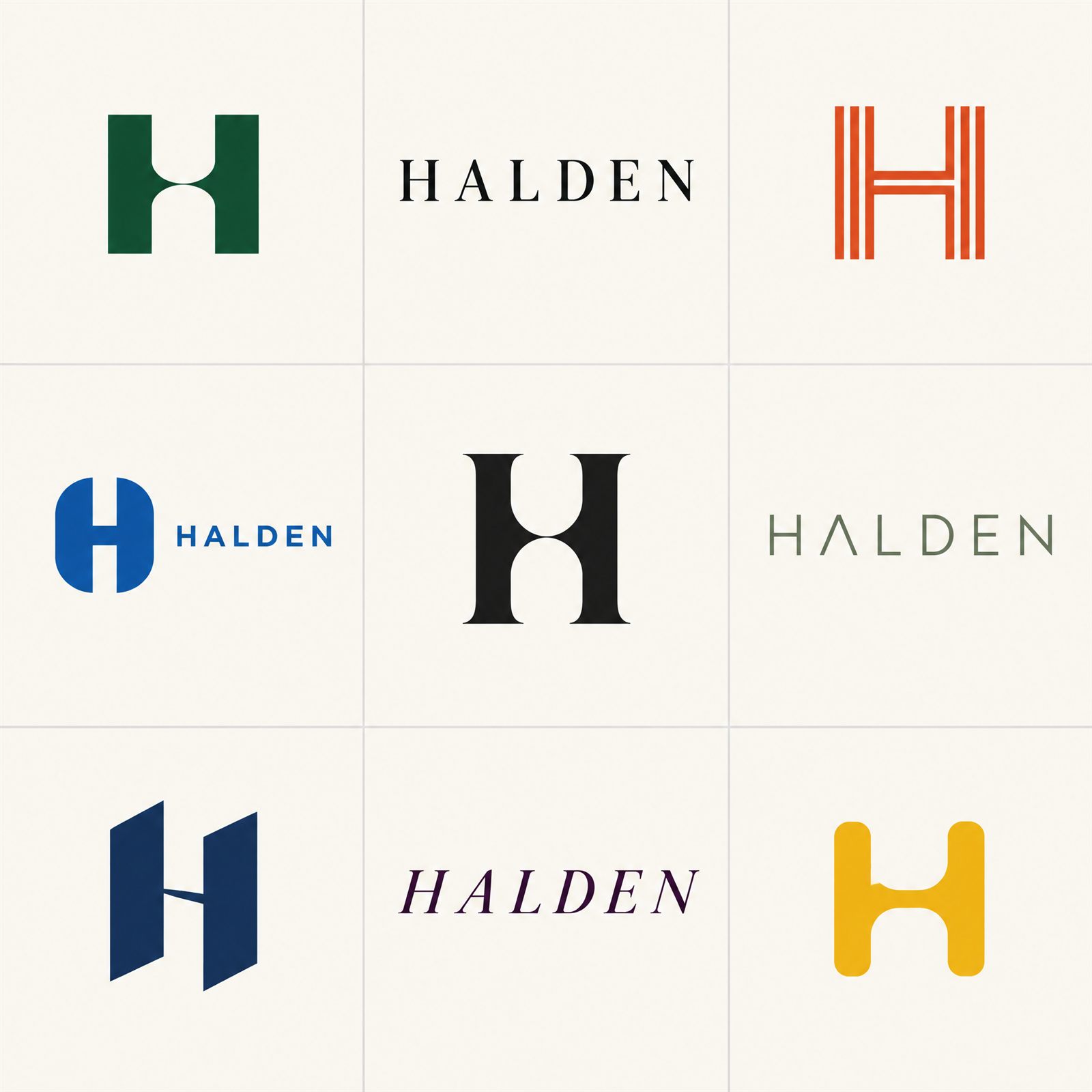 Nueve monogramas de Halden. H en verde, negro, naranja, azul, marino y amarillo, más cuatro logotipos.
